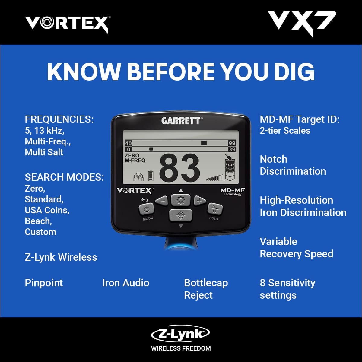 Bartın Garrett Vortex VX7 Dedektör - VX7 hedef ID ekranı, iki katmanlı MD-MF okuma ile demir ve iletken hedefleri ayırmaya yardım eder.